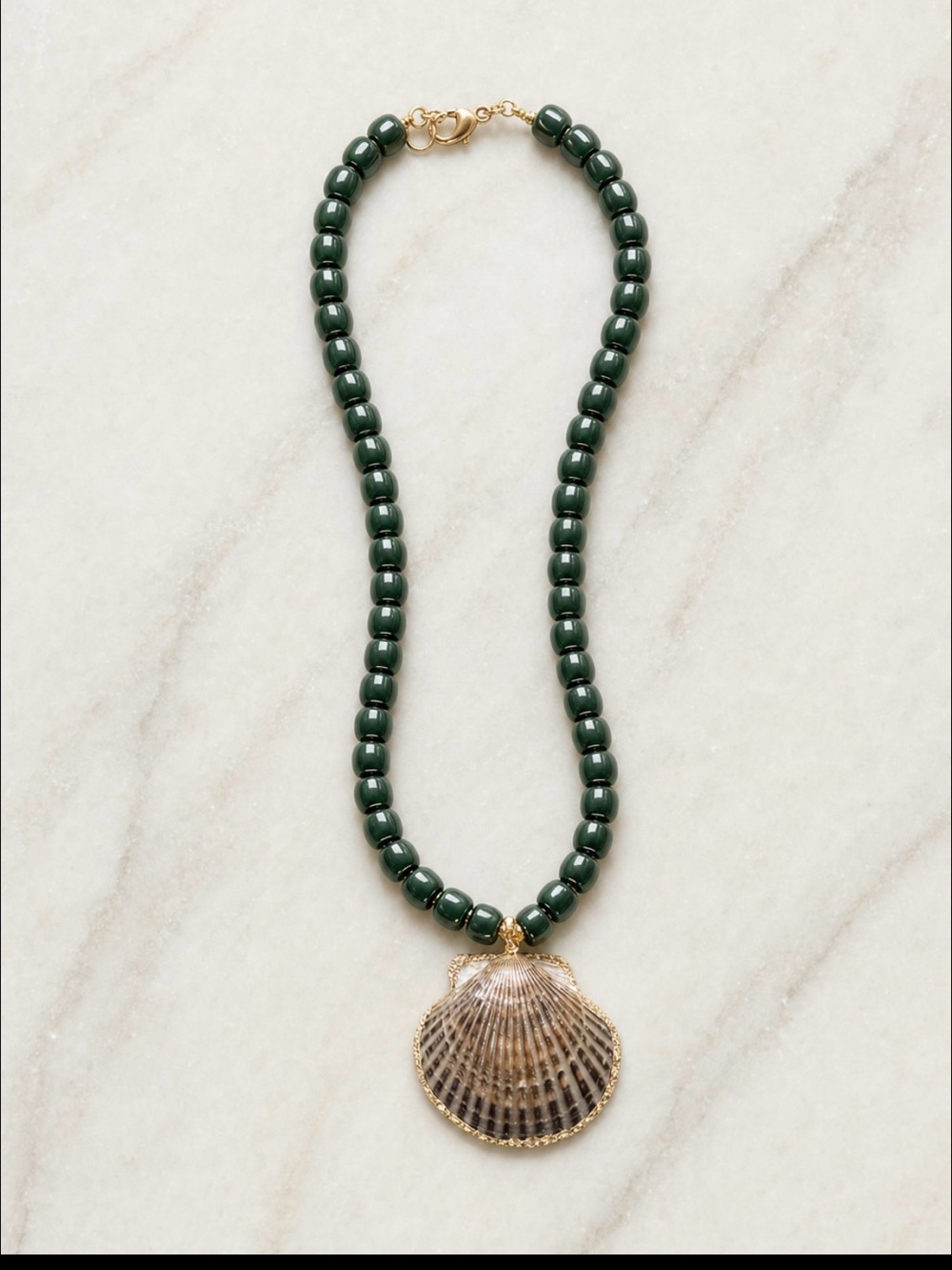 Anthropologie Forest Green Beaded Shell Pendant Necklace